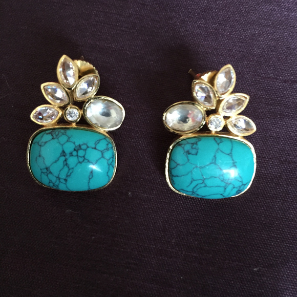 Gold Earrings with Turquoise & Swarovski Crystals - Picture 1 of 5
